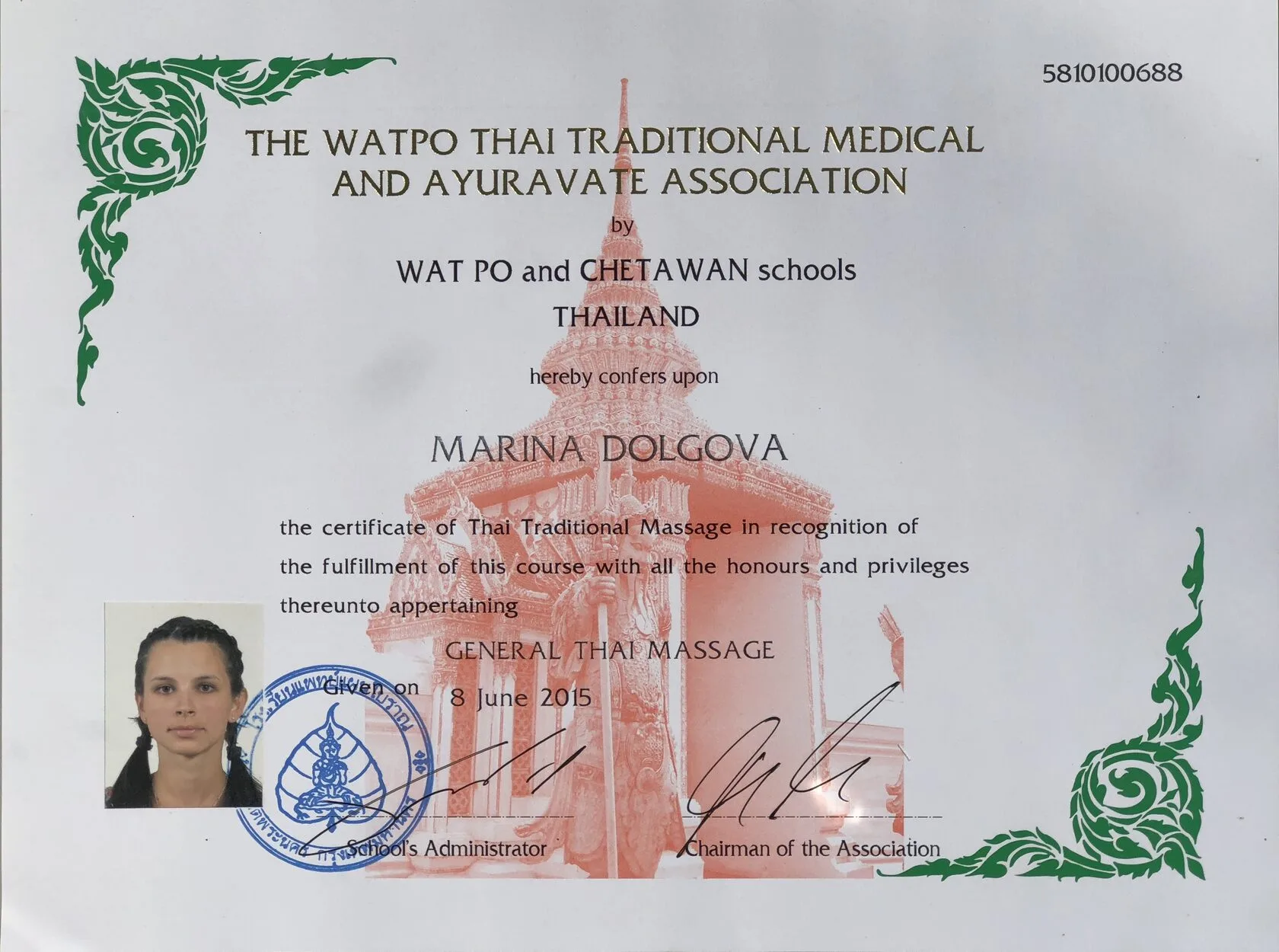 Marina Dolgova Watpo and Chetawan Schools Thailand Certificate in General Thai Massage