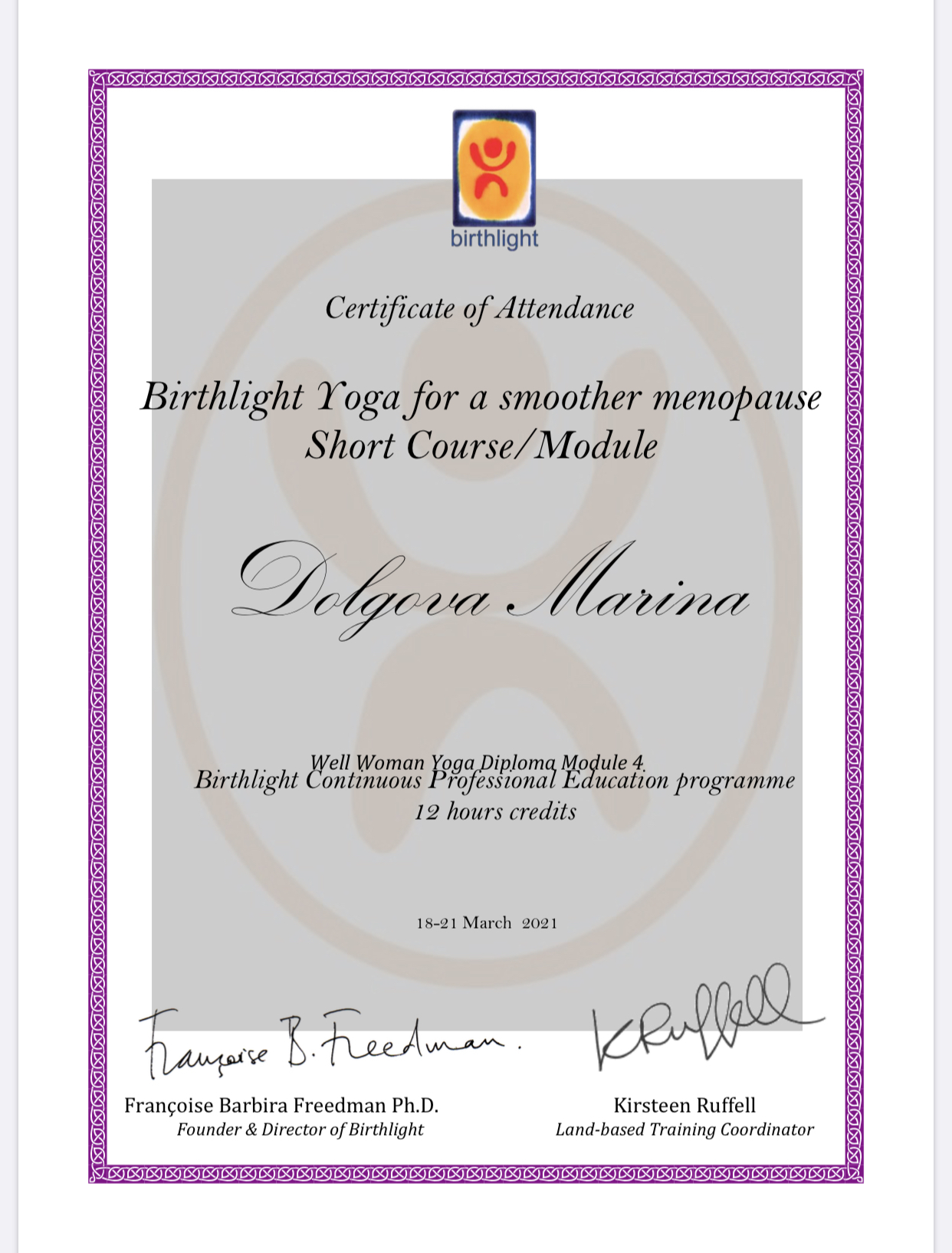 Marina Dolgova Birthlight Certificate for completing Yoga for a smoother menopause short course Module