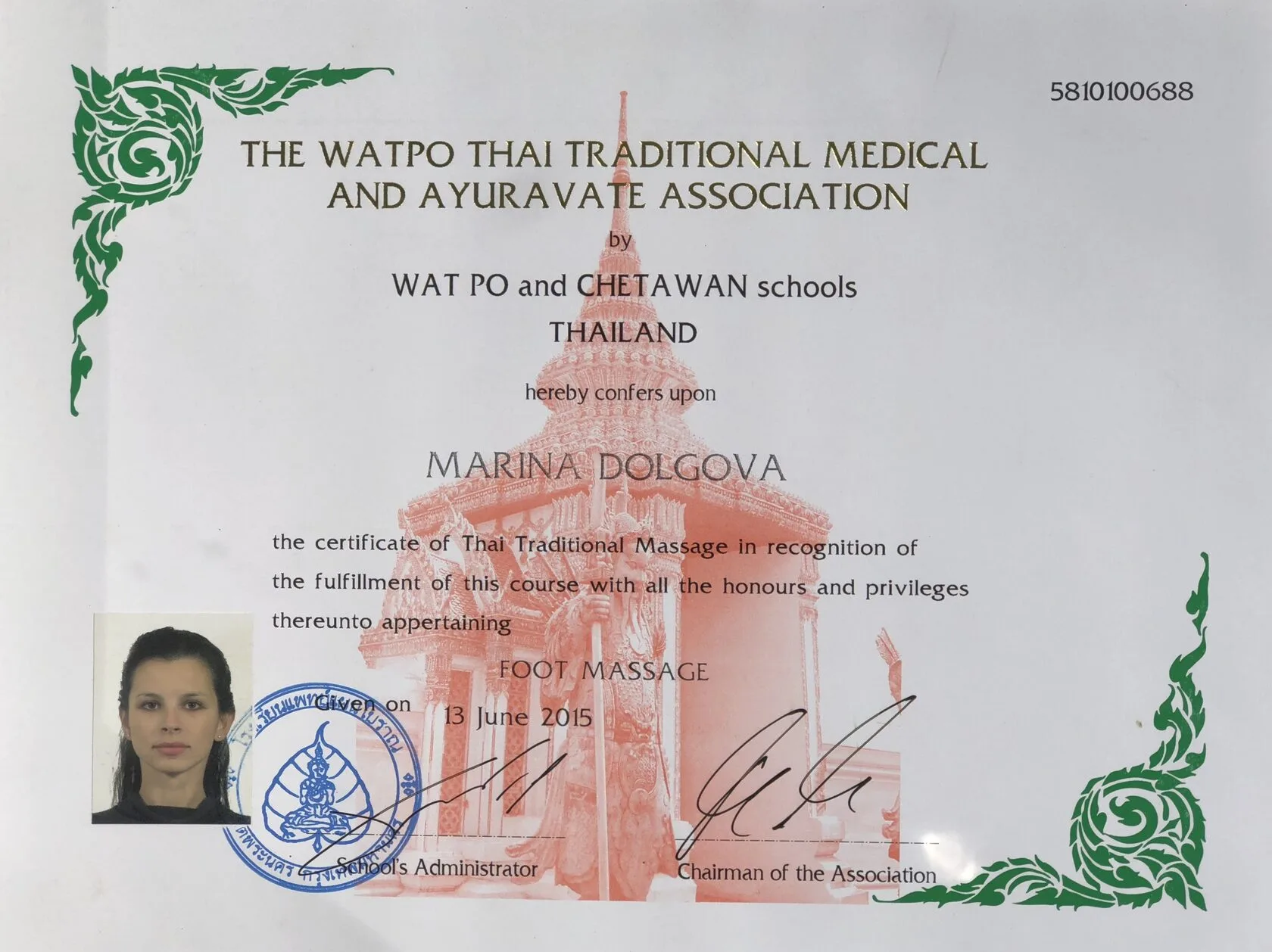 Marina Dolgova Watpo Thai Traditional Medical and Ayuravate Association Certificate in Foot Massage from Thailand
