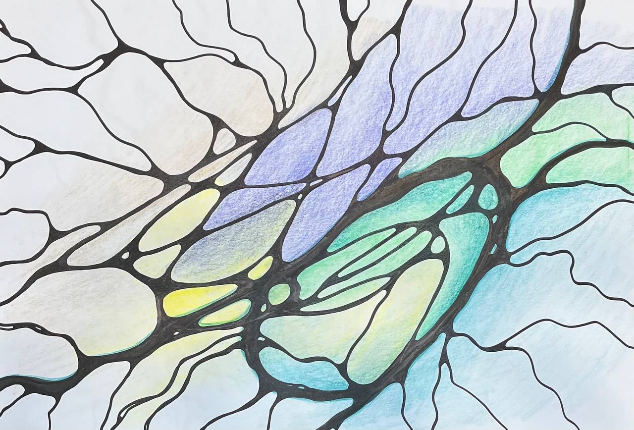 Mindful Line neurographics drawing example showing curved lines, rounded intersections, and colored shapes used in structured visual practice.