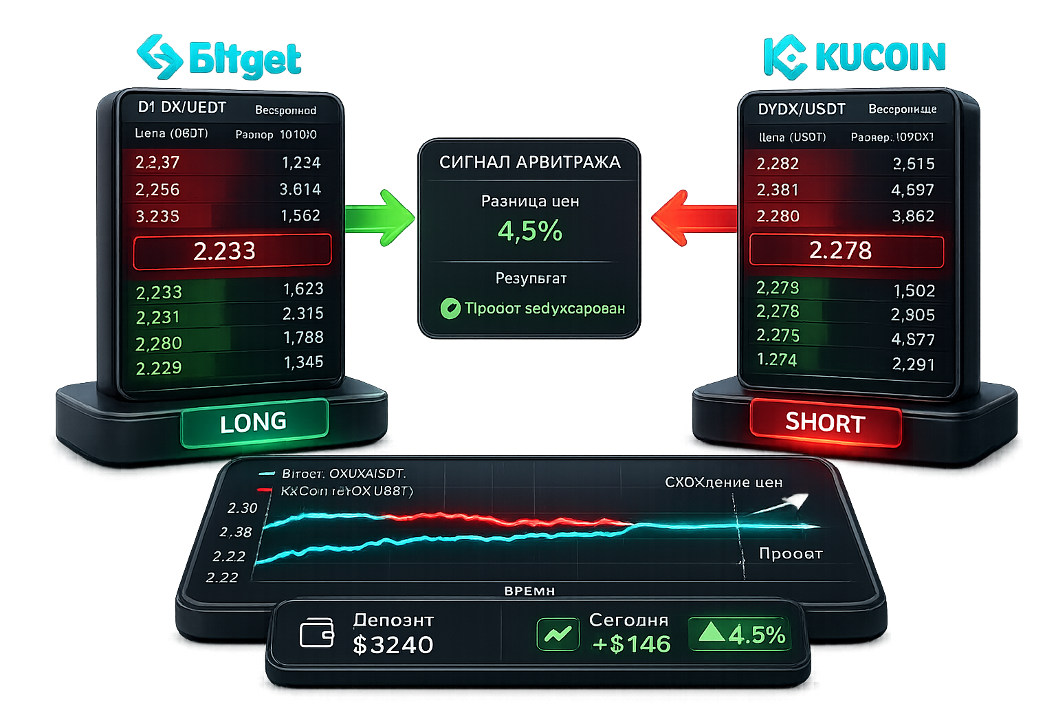Арбитраж Bitget → KuCoin: разница цен 4,5%, профит зафиксирован