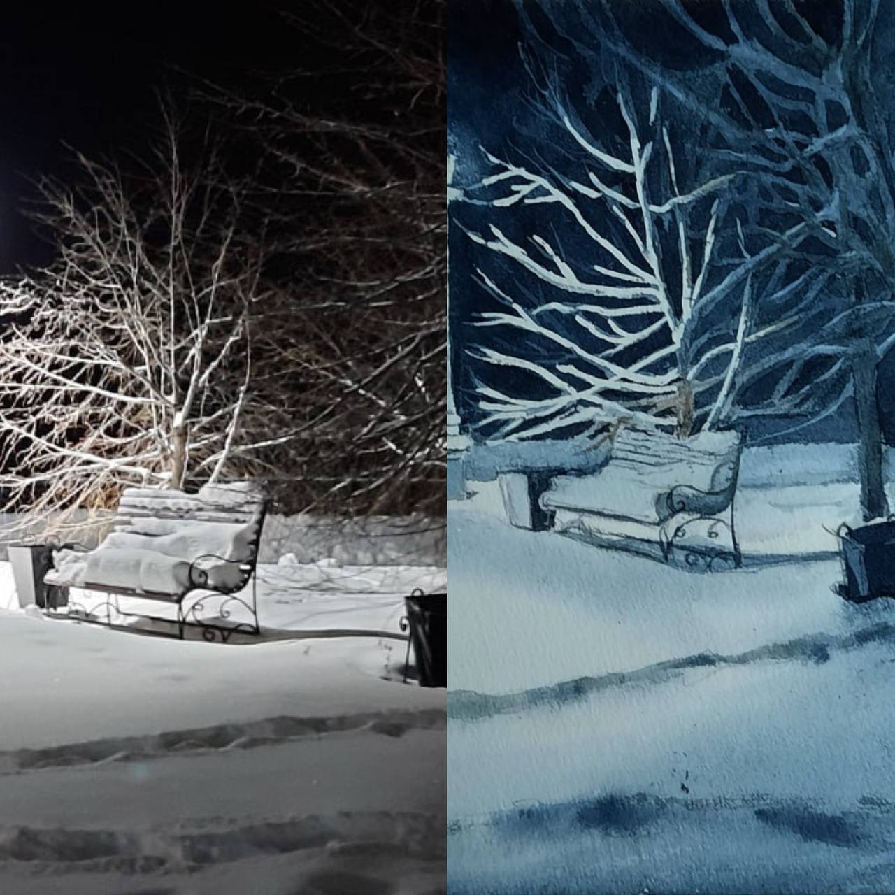 Фотография заснеженной скамейки и этюд по ней