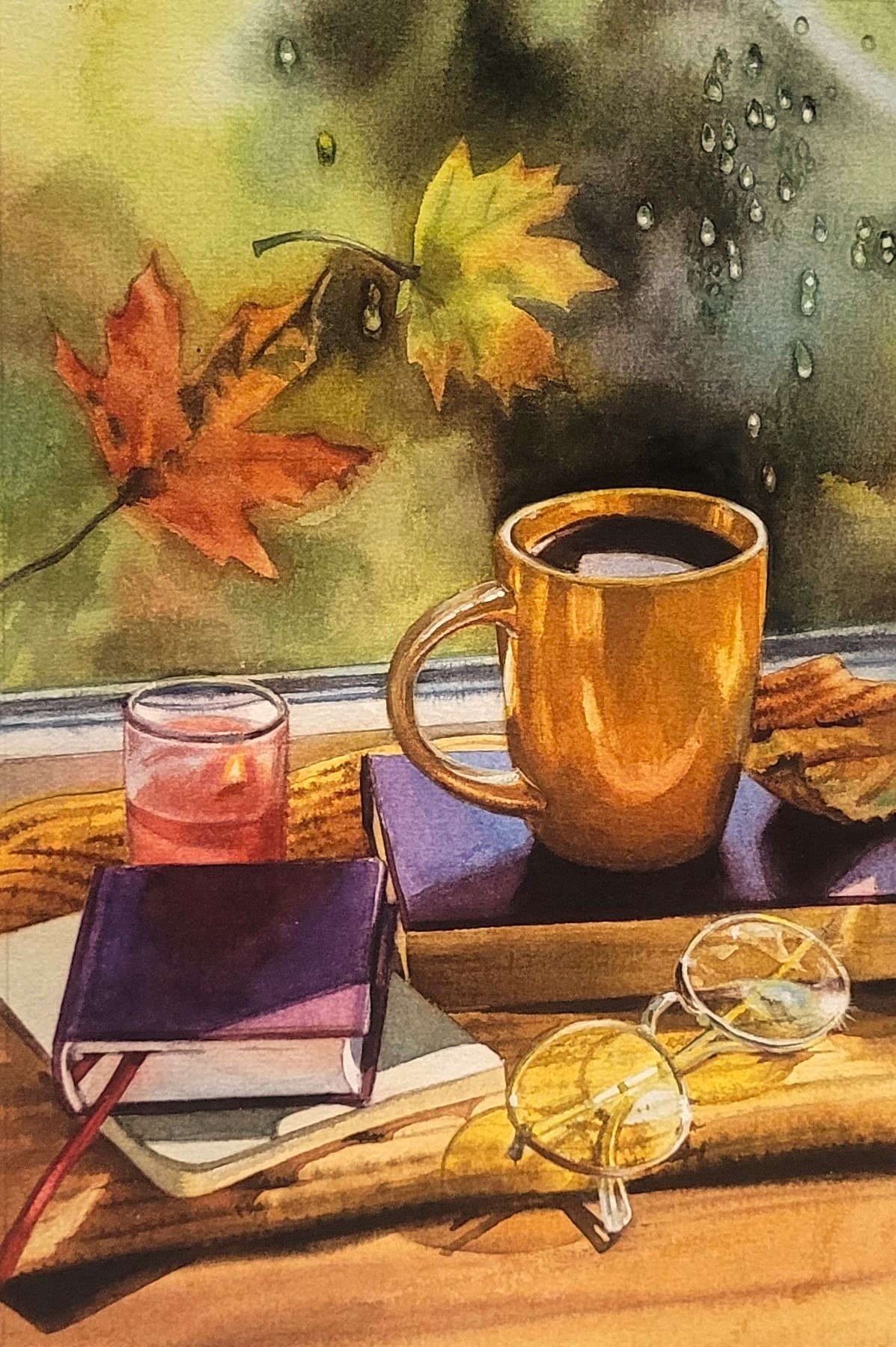 осенний натюрморт с кружкой, книгами и свечой у окна, акварель ученицы школы WaterMedia