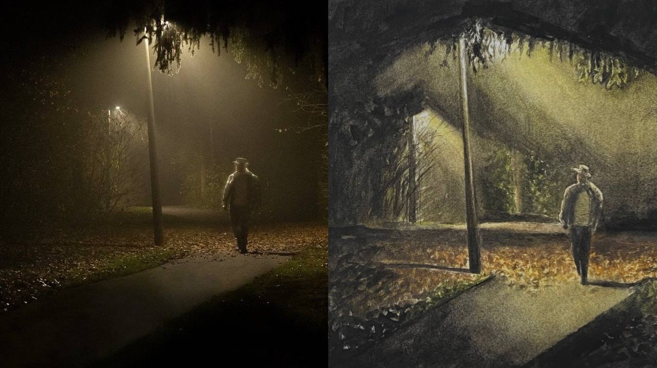 Слева фотография ночной аллеи с фонарями, справа этюд по этому кадру