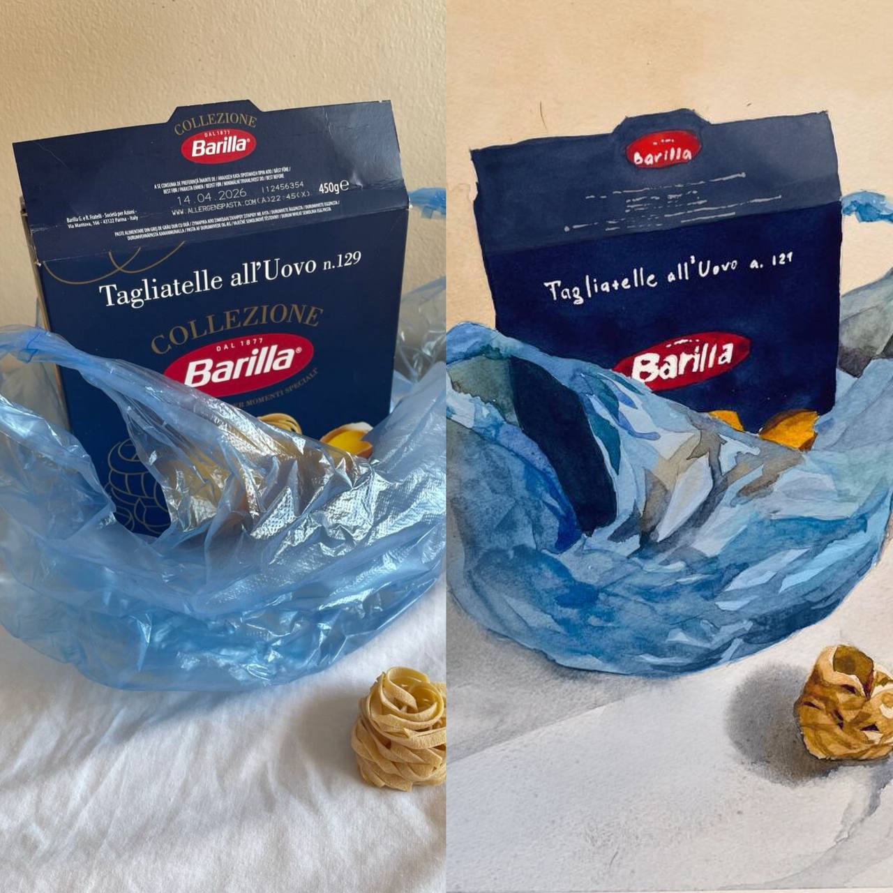 Фотография пачки пасты и этюд по ней